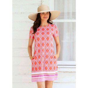Cabana Life Short Sleeve Shift Dress in Coral Pink Geometric Print, size S